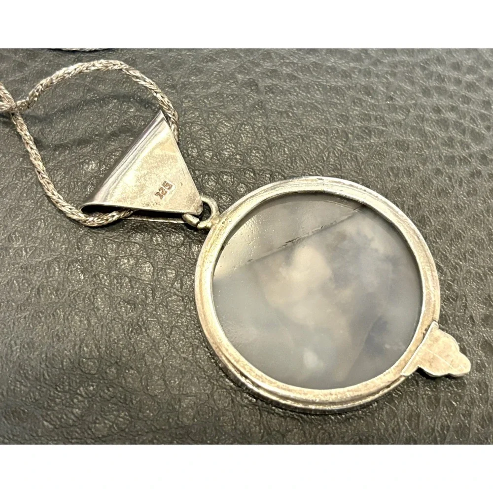 VTG Large Artisan Sterling Silver Moss Picture Agate Modernist Pendant 925 Chain
